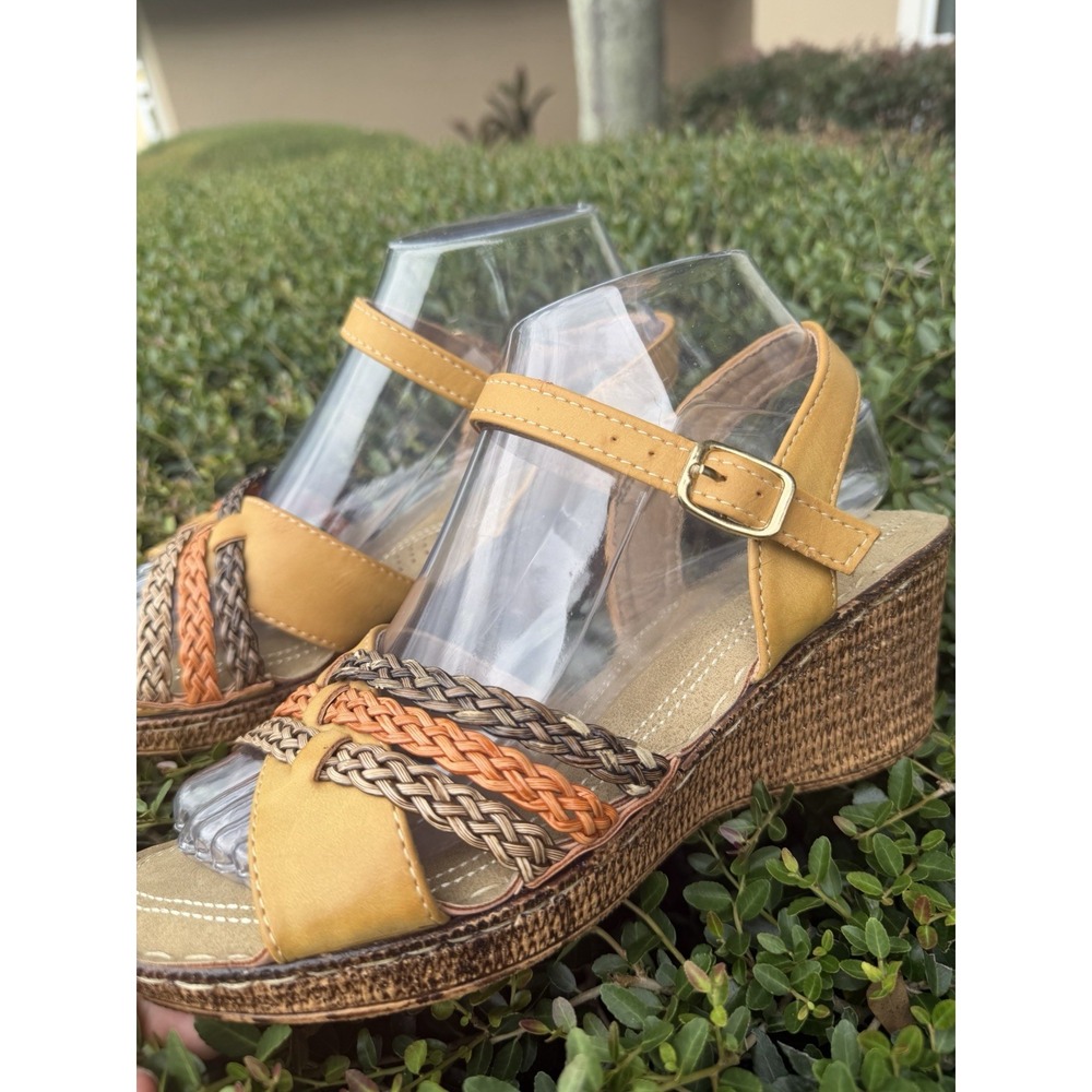 Patrizia by Spring Step Wedge Sandals 9 Yellow Braided Strappy Ankle Buckle Boho